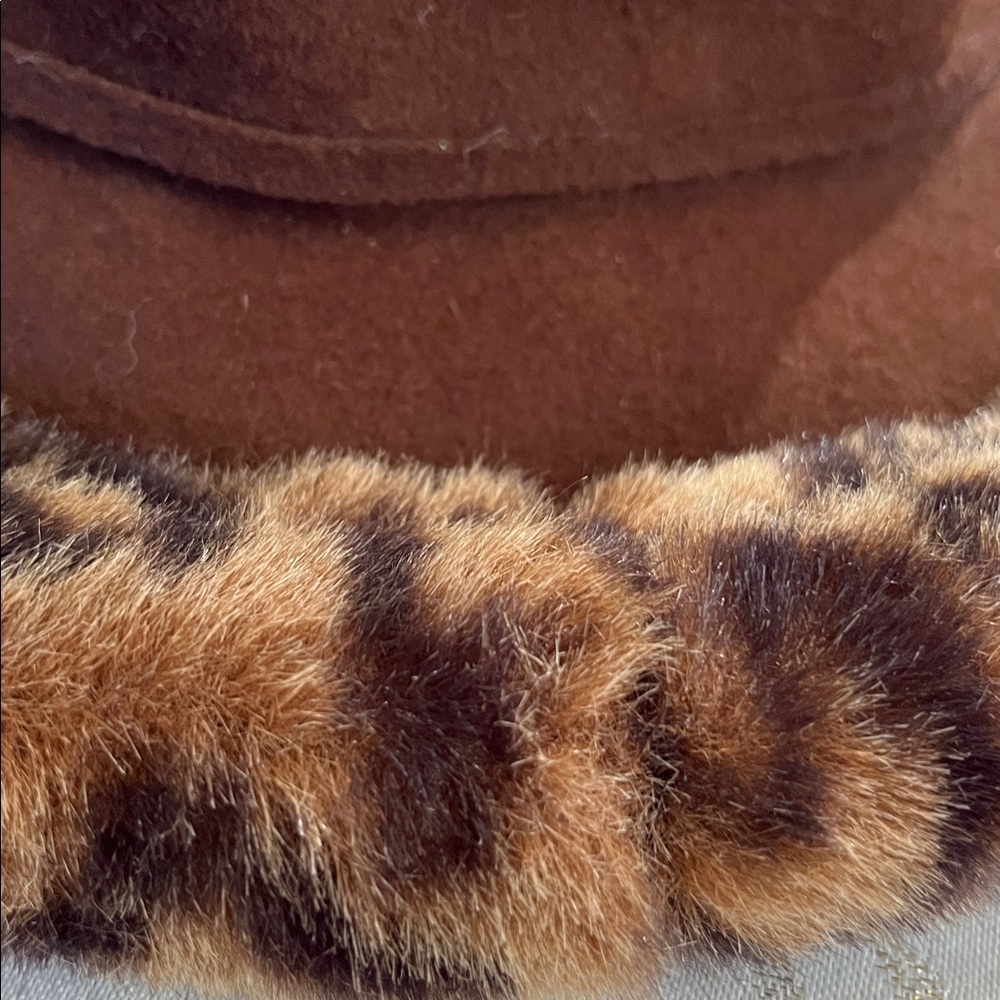 Vintage Fall Wool Brown Hat w/Animal Faux Fur Print Trim - Picture 4 of 13
